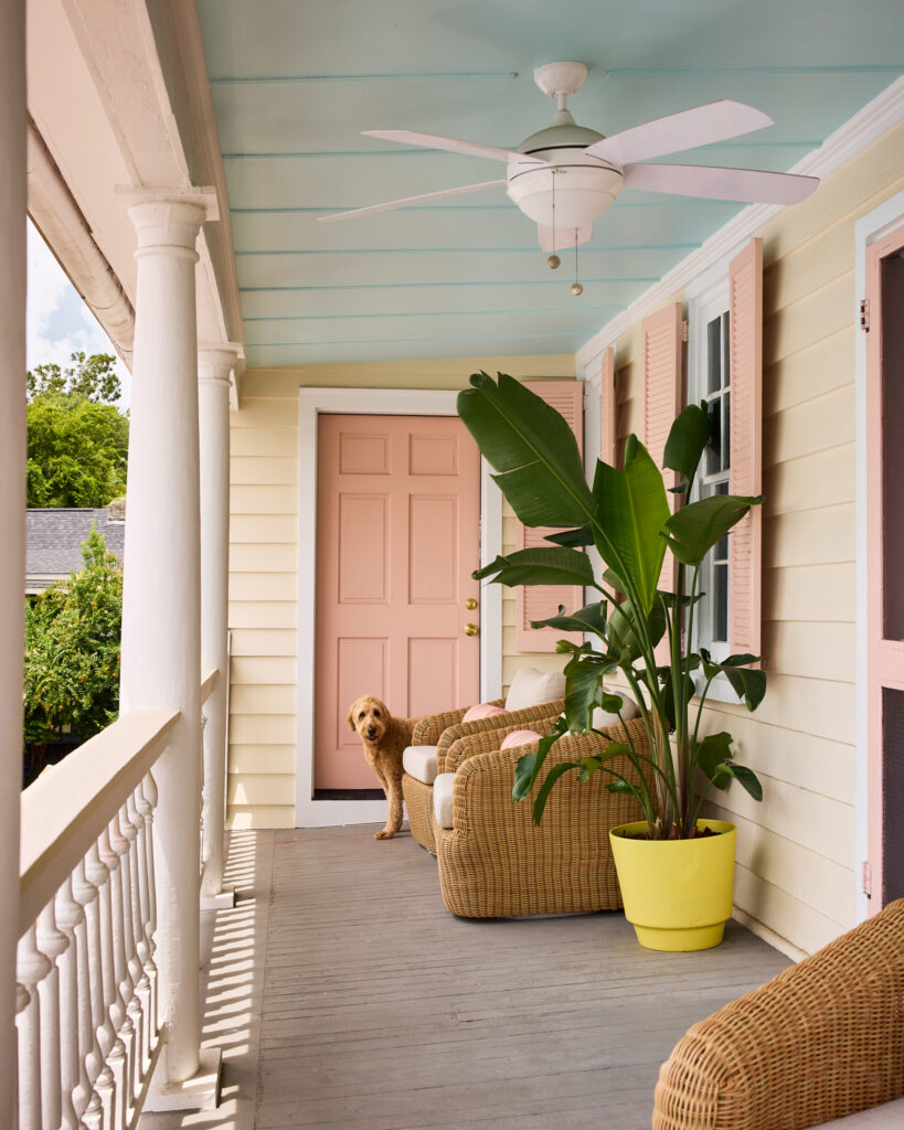 Pink front door and potted plant on the porch of Spring Sanctuary on Spring Street, Charleston